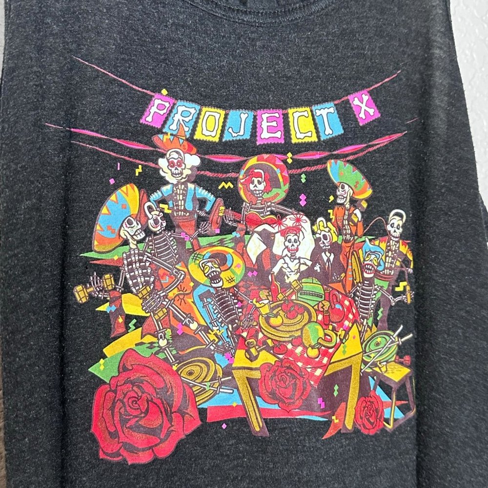 Grey, Large Project X Workout Muscle Tee with Dia de Los Muertos Theme